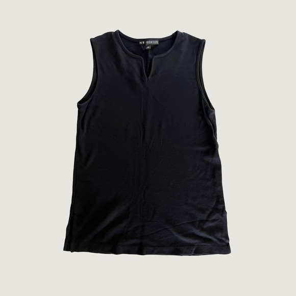New Frontier Tops - New Frontier Womens Black Sleeveless Split Neck Tank Top Side Slits Size XS